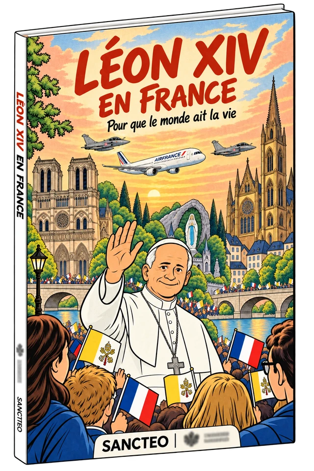 Mockup di un fumetto: Leone XIV in Francia, con copertina provvisoria in francese.