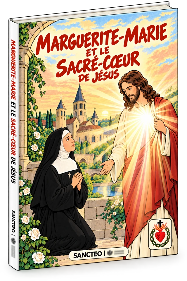 Couverture provisoire de Marguerite-Marie et le Sacré-Cœur de Jésus : la sainte en prière devant Jésus, un grand halo blanc-or rayonnant de sa poitrine, avec Paray-le-Monial en arrière-plan. Le Sacré-Cœur traditionnel apparaît dans le coin inférieur droit. Album illustré dans un style franco-belge, avec Sancteo et un second éditeur masqué en bas.