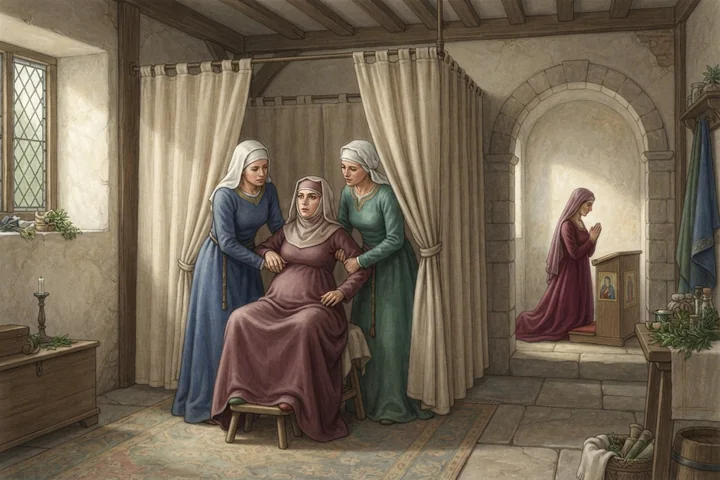 Des femmes accompagnent un accouchement dans une chambre médiévale tandis qu'un proche prie.