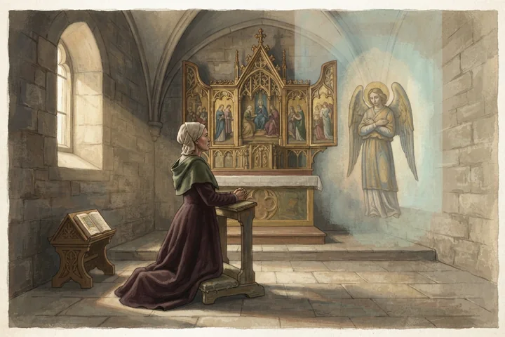 Une personne en prière percoit une apparition dans une chapelle silencieuse.