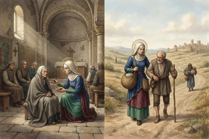 Une même figure sainte est représentée dans deux lieux éloignés d'un paysage continu.