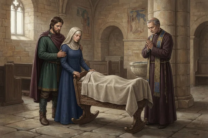 Des parents et un pretre se recueillent près d'un berceau et de fonts baptismaux.