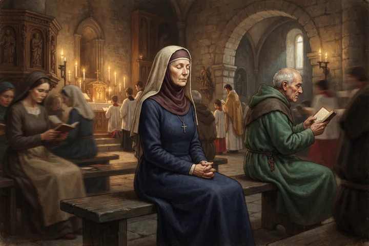 Une personne demeure absorbée dans la prière pendant une liturgie.