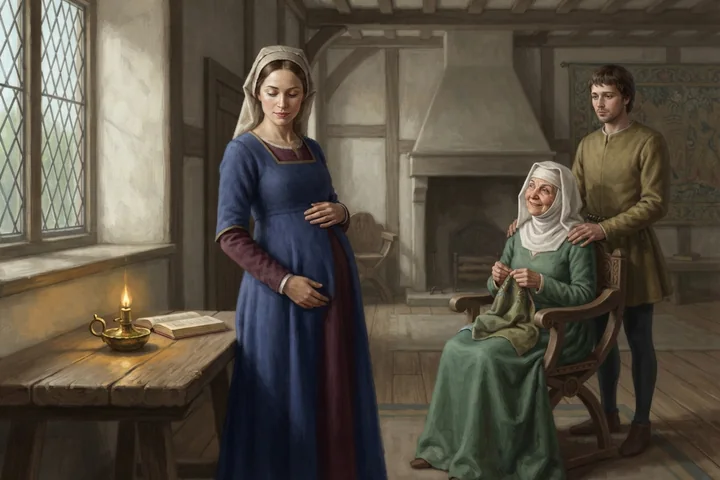 Une femme enceinte se tient dans un intérieur ancien marque par un signe lumineux discret.