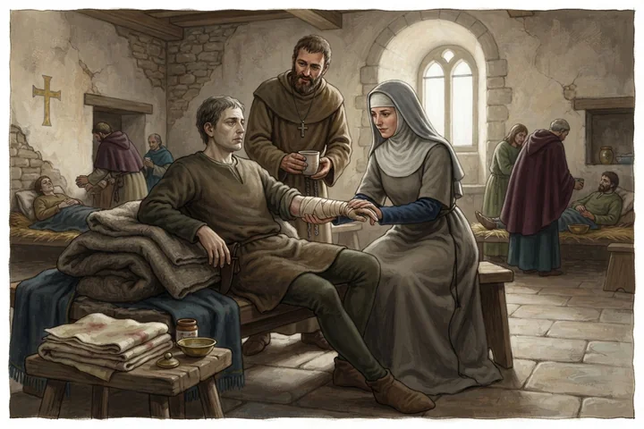 Une personne victime d'un saignement est soignée dans un hospice medieval.