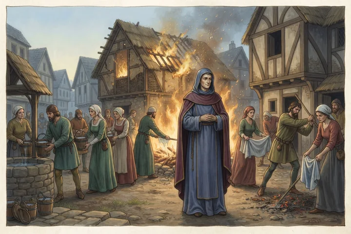 Une communauté fait face à un incendie tandis qu'une figure sainte demeure préservée.