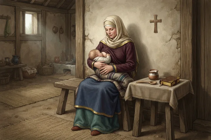 Une mère allaite son enfant dans un intérieur medieval sobre.
