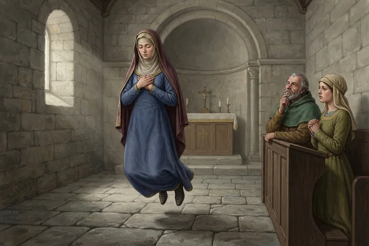 Une personne en prière est légèrement élevée au-dessus du sol d'une chapelle.