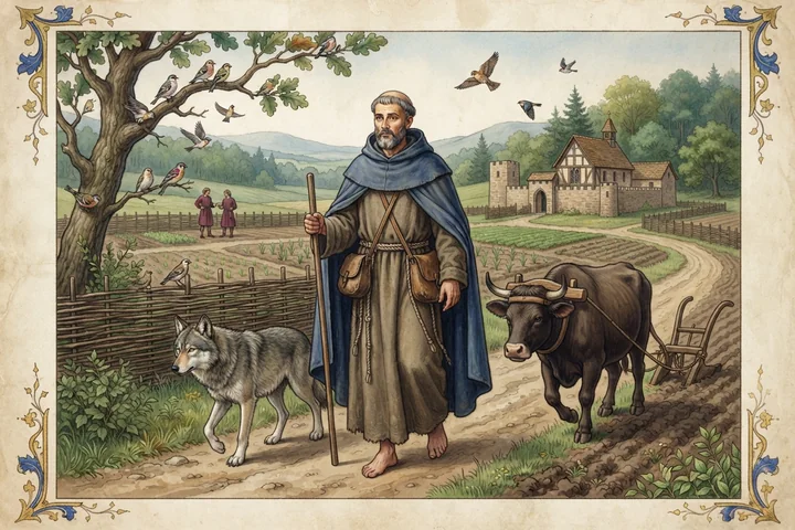 Une figure sainte traverse un paysage ou des animaux sauvages et domestiques restent paisibles.