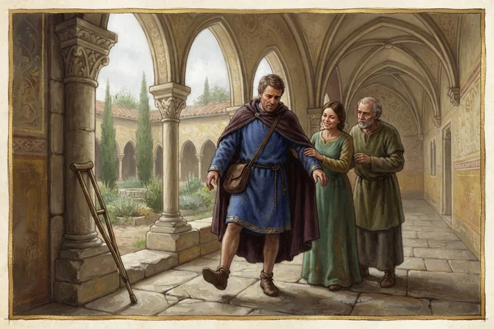 Une personne fait ses premiers pas dans un cloître roman, entourée de témoins.