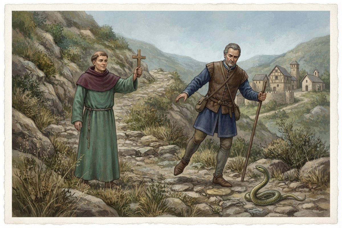 Un voyageur est préservé d'un serpent sur un chemin rocheux.