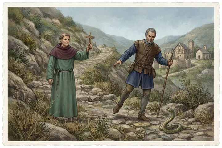 Un voyageur est préservé d'un serpent sur un chemin rocheux.
