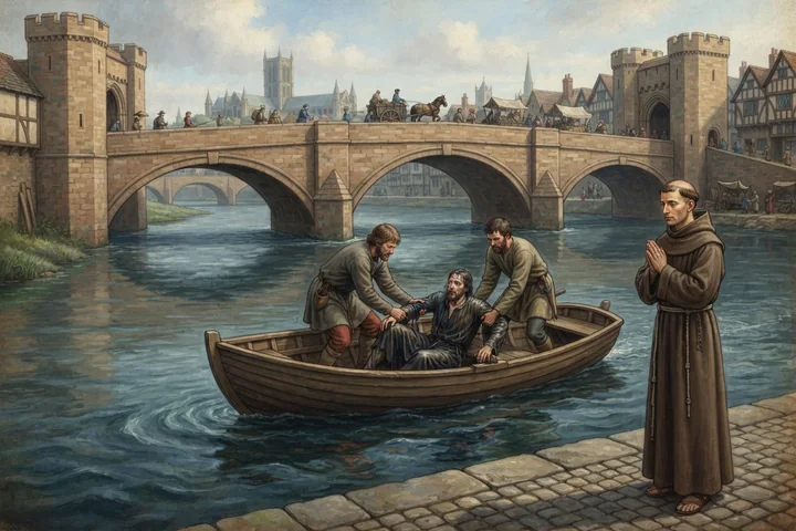 Une personne est secourue dans une rivière sous un pont medieval.