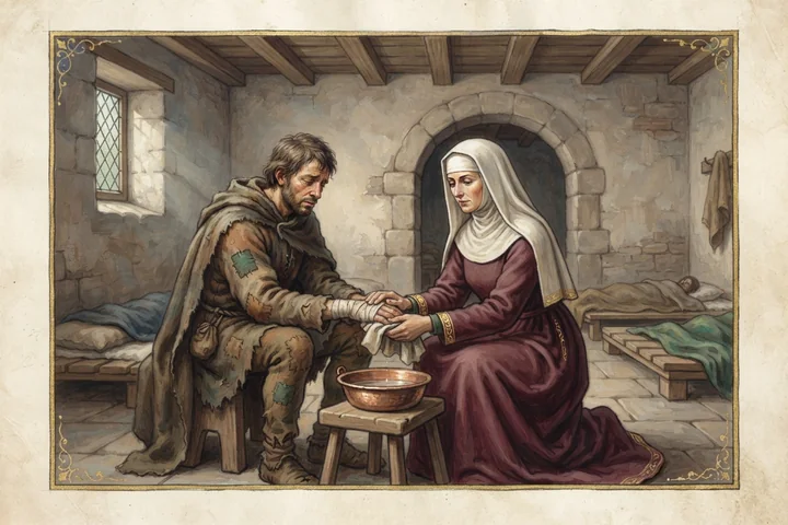 Un soignant accueille une personne atteinte d'une maladie de peau dans un hospice medieval.