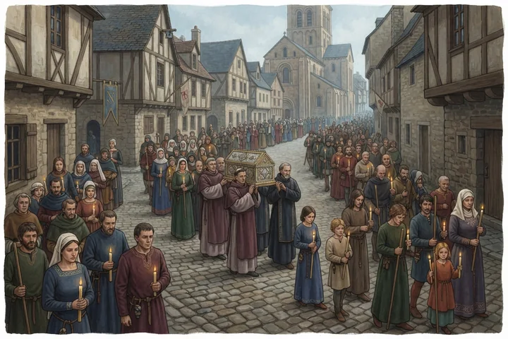 Une procession traverse une ville médiévale pendant une épidémie.