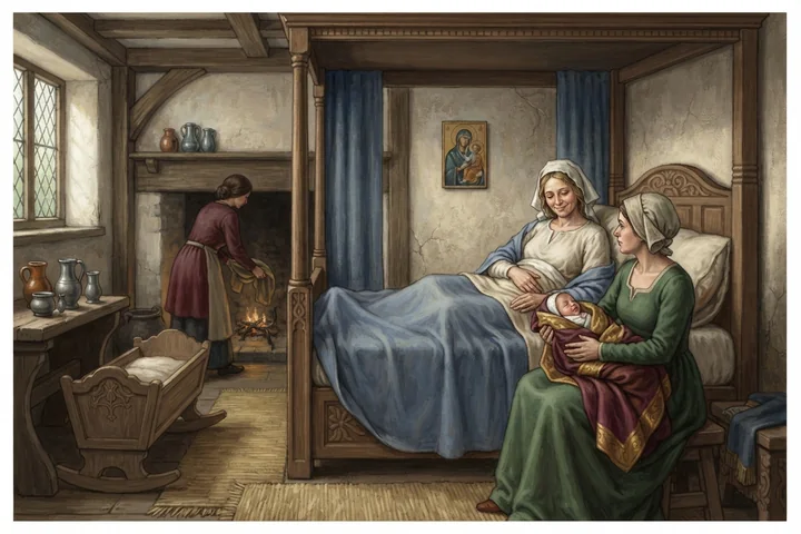 Une mère se repose après une naissance dans une chambre ancienne calme.