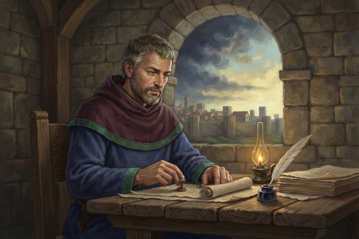 Un saint consigne une annonce tandis qu'une ville lointaine apparaît à l'horizon.