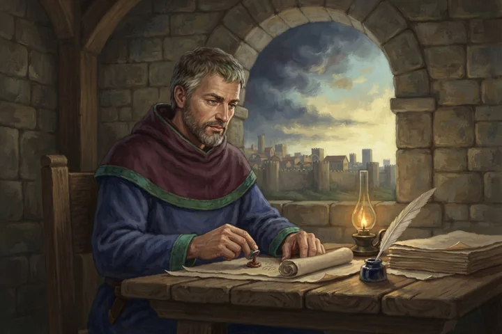 Un saint consigne une annonce tandis qu'une ville lointaine apparaît à l'horizon.