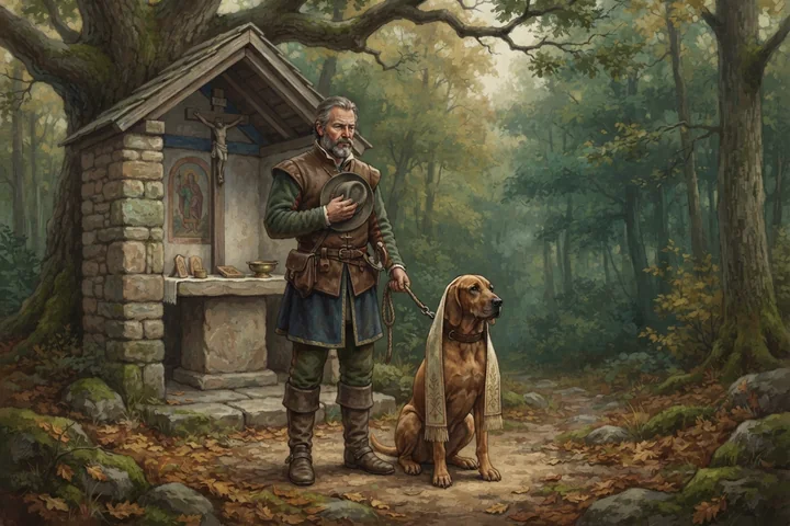 Un chasseur et son chien se tiennent près d'un sanctuaire ancien associé à la rage.