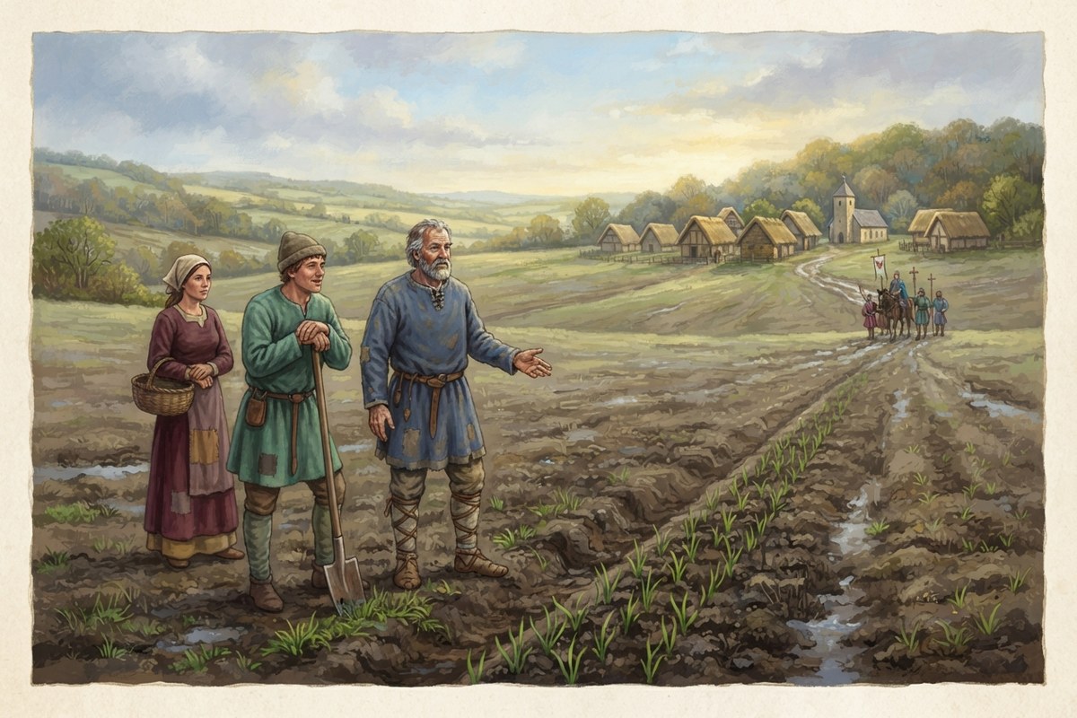 Des cultivateurs observent un champ reverdi après la pluie.