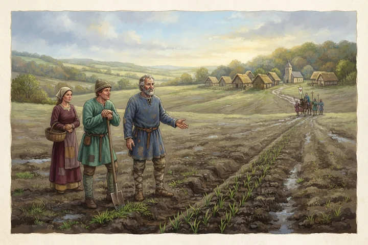 Des cultivateurs observent un champ reverdi après la pluie.