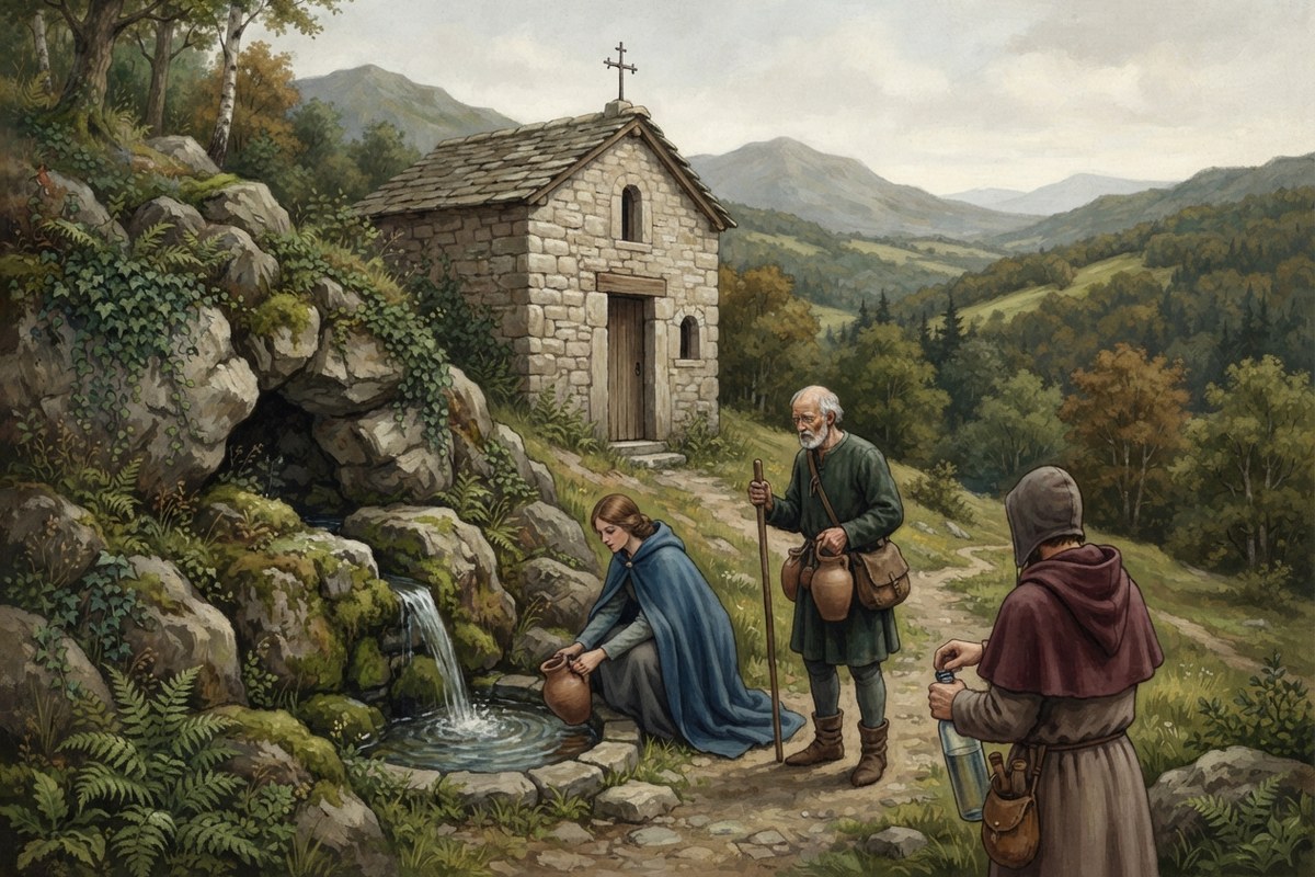 Des pèlerins recueillent l'eau d'une source près d'une chapelle ancienne.