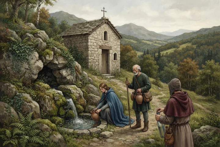 Des pèlerins recueillent l'eau d'une source près d'une chapelle ancienne.