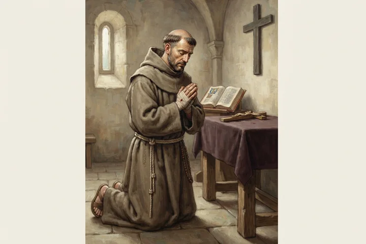Un religieux prie les mains bandees devant un crucifix.