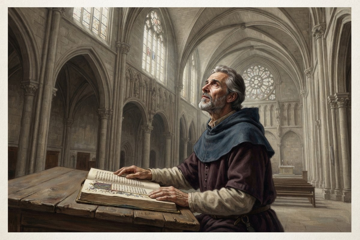 Un religieux interrompt sa lecture comme s'il entendait une voix dans une chapelle vide.