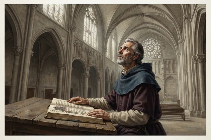 Un religieux interrompt sa lecture comme s'il entendait une voix dans une chapelle vide.