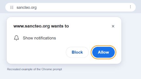 Recreated example of the Chrome prompt. Your browser will ask for your permission to receive our updates. Choose “Allow” in that prompt.