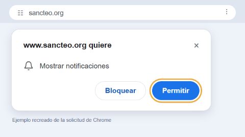 Ejemplo recreado de la solicitud de Chrome. Tu navegador te pedirá permiso para recibir nuestras novedades. Haz clic en «Permitir» en esa ventana.