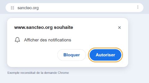 Exemple reconstitué de la demande Chrome. Pour recevoir nos nouvelles, votre navigateur va vous demander votre accord. Cliquez sur « Autoriser » dans cette fenêtre.