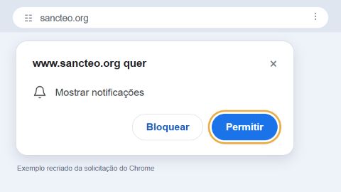 Exemplo recriado da solicitação do Chrome. Seu navegador vai pedir autorização para receber nossas novidades. Clique em “Permitir” nessa janela.