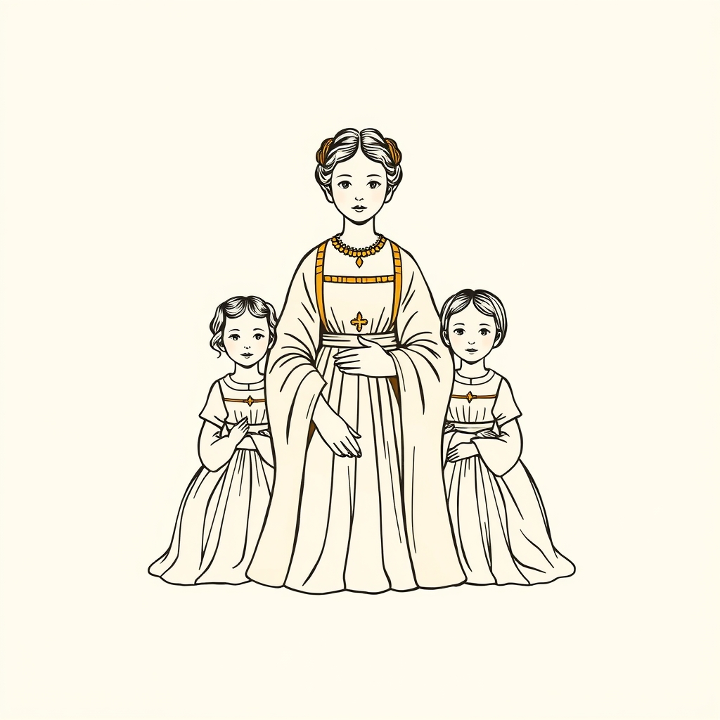 accompagnée de ses filles Gertrude et Déotile