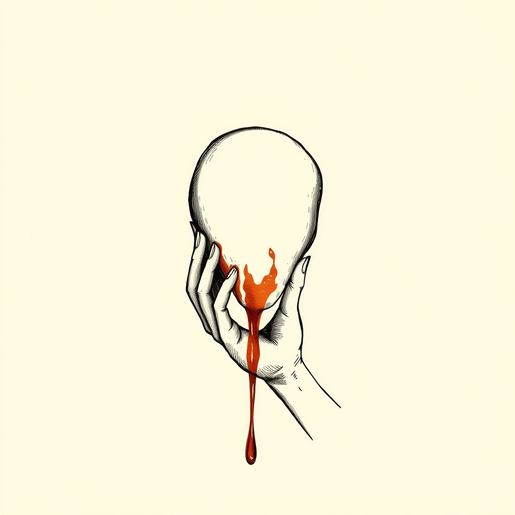 bloodied head held in her hands
