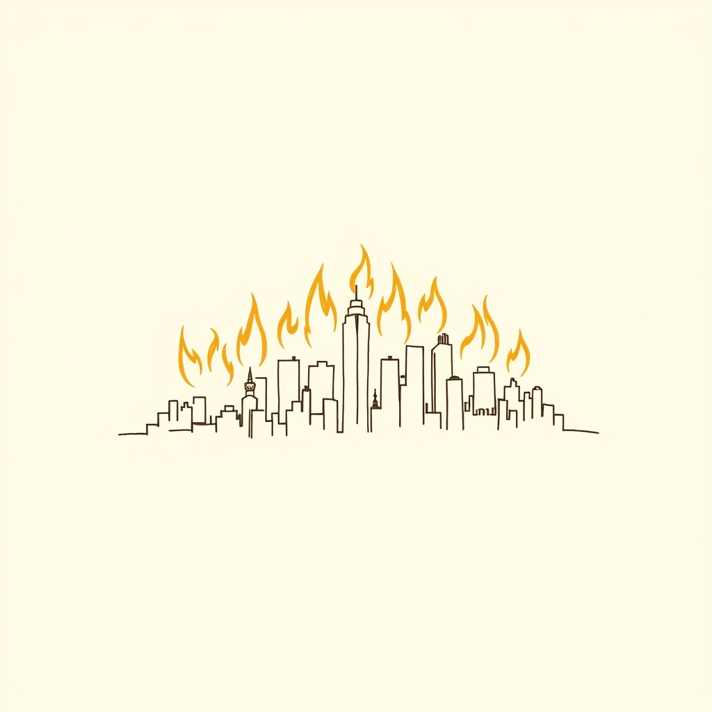 città in fiamme (sullo sfondo)