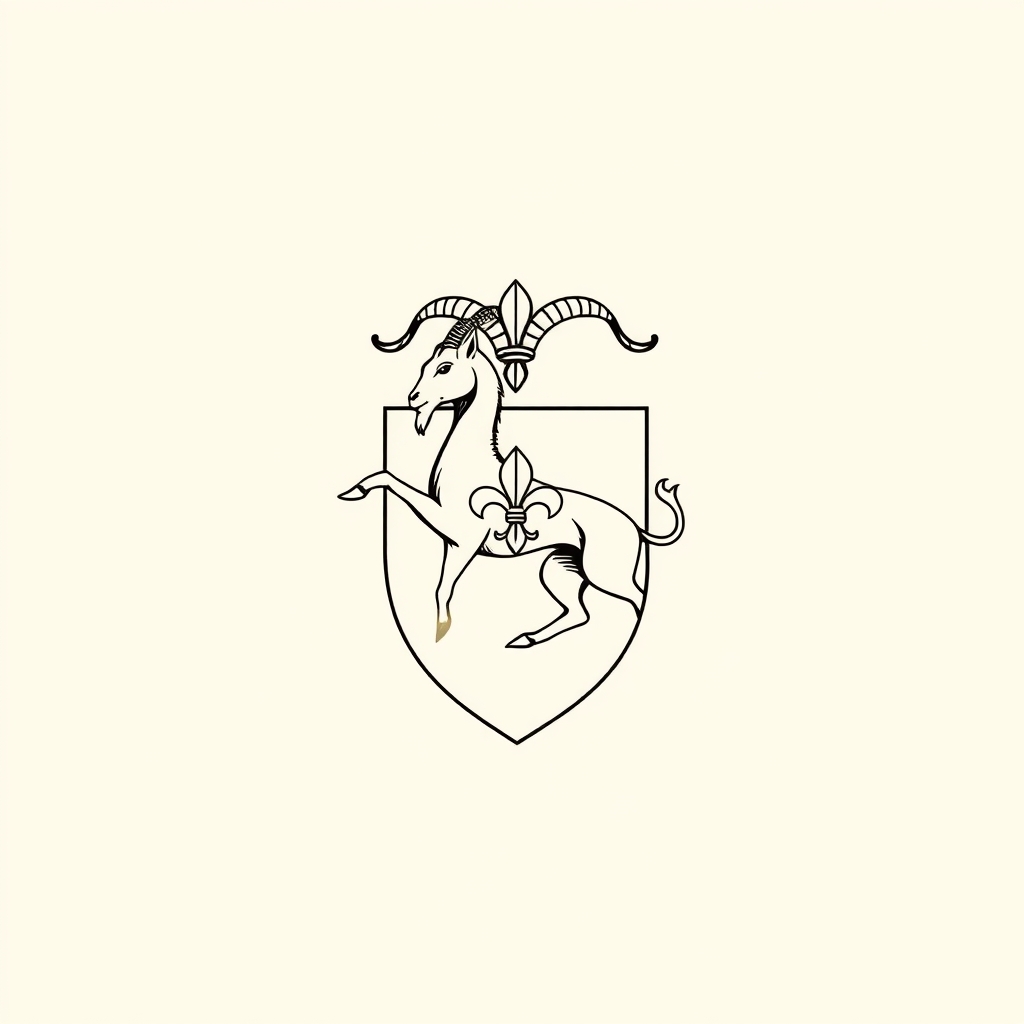 escudo de armas: de gules con una cabra rampante de plata, rematada por una flor de lis de oro