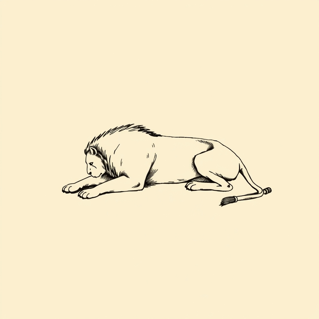 dead lion at his feet