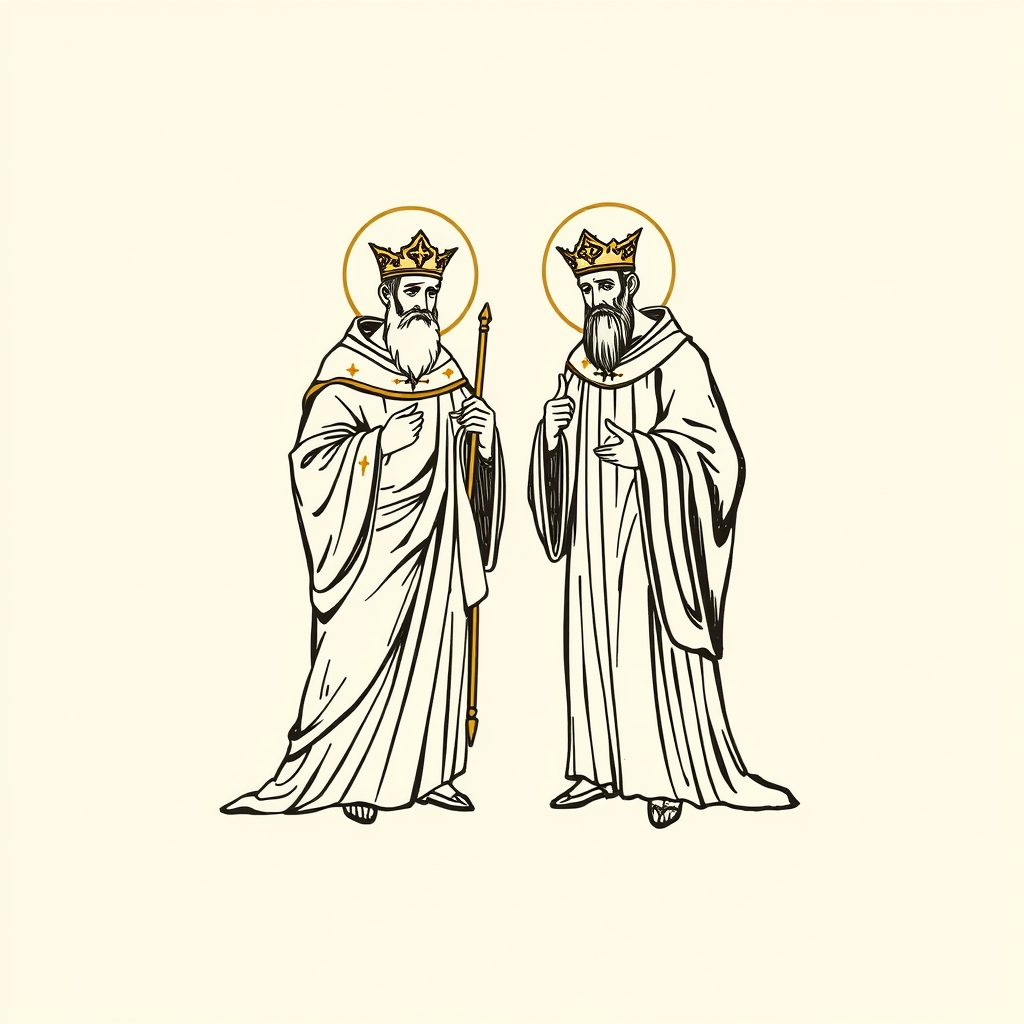 Depicted entrusting their mission to Saint Fugatius and Saint Damian