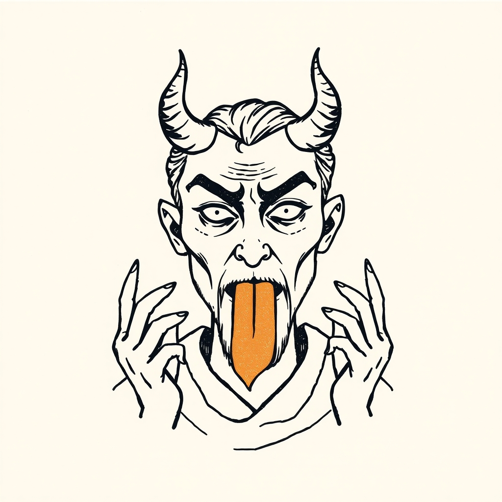 depicted with his eyes and tongue threatened by evildoers