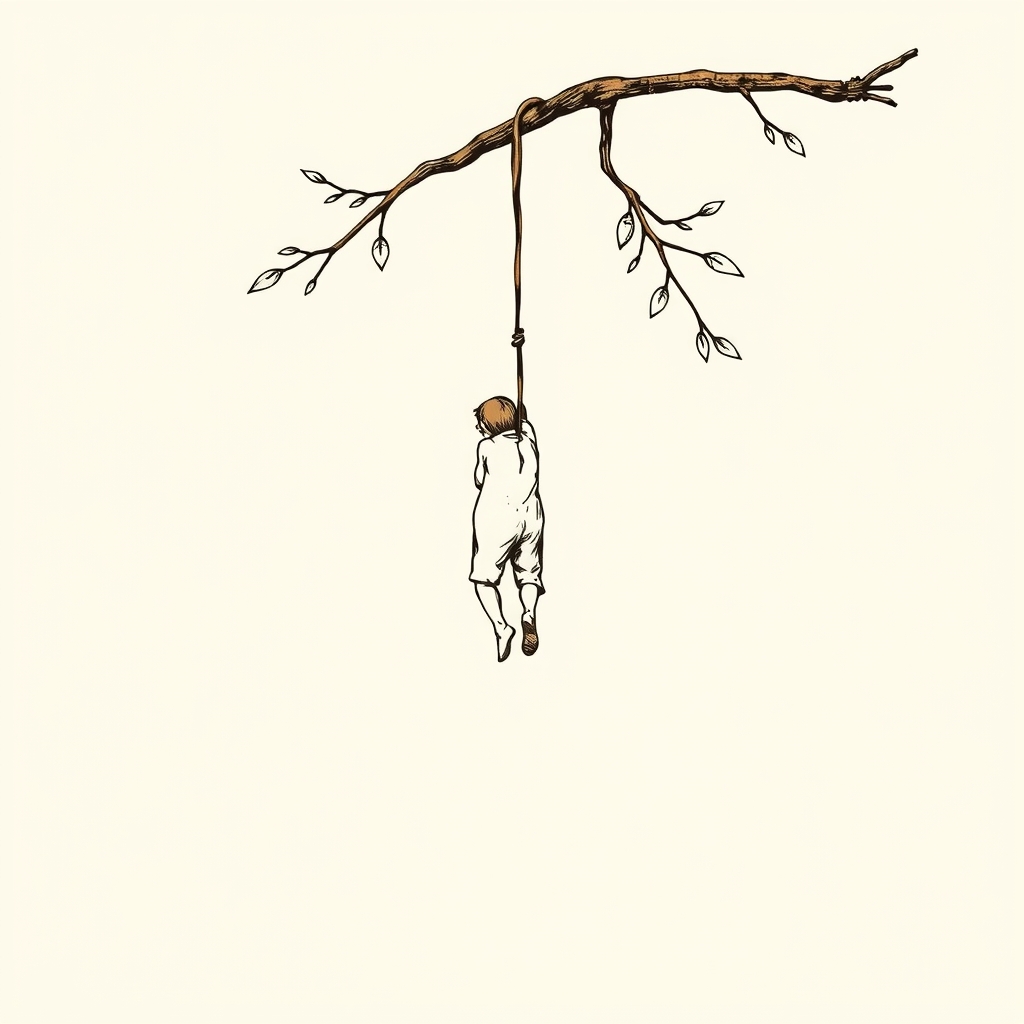 attaché par les talons à une branche d'arbre