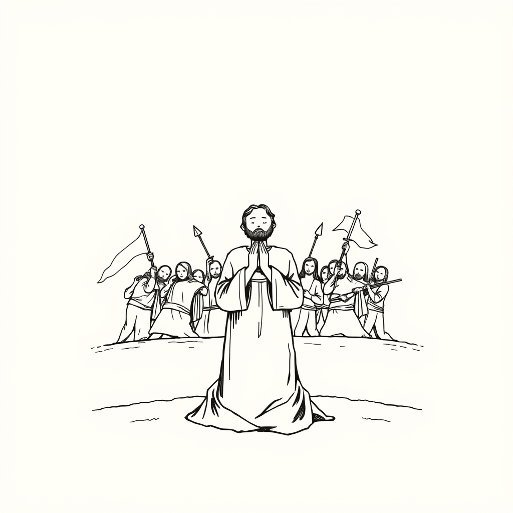 in prayer near a battle