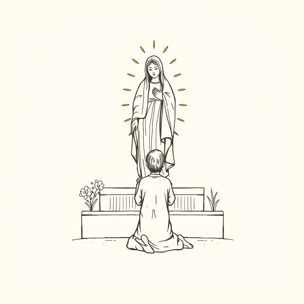 kneeling before an image of Our Lady
