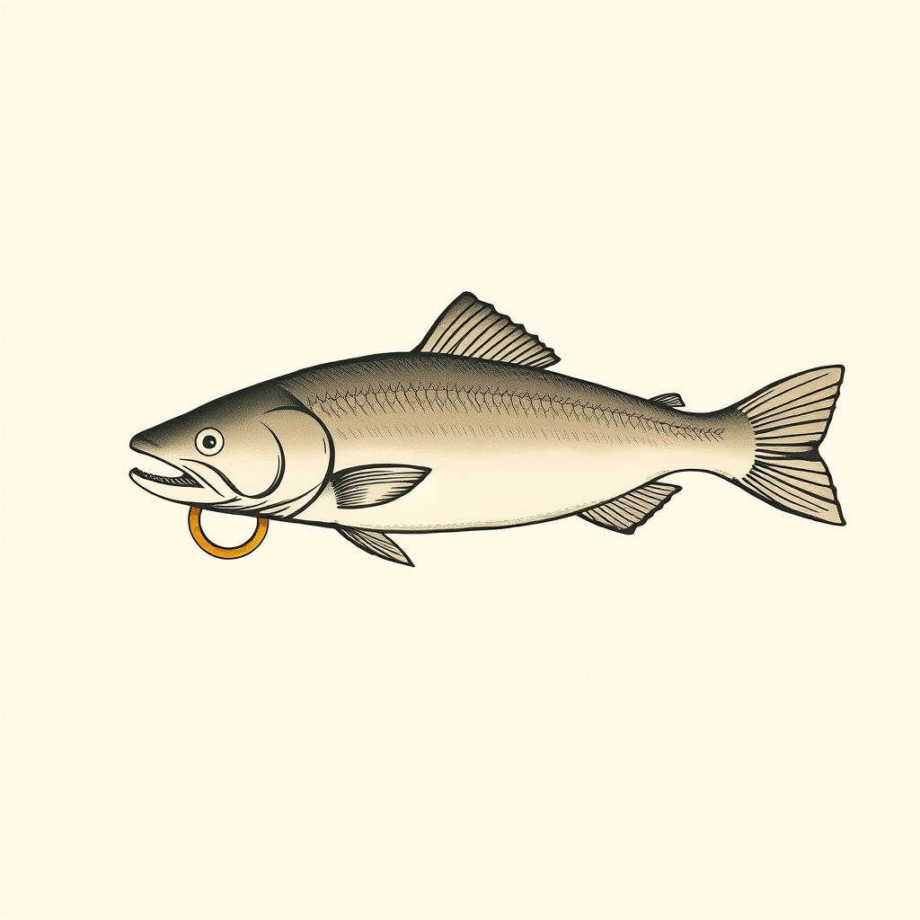 salmone con un anello in bocca