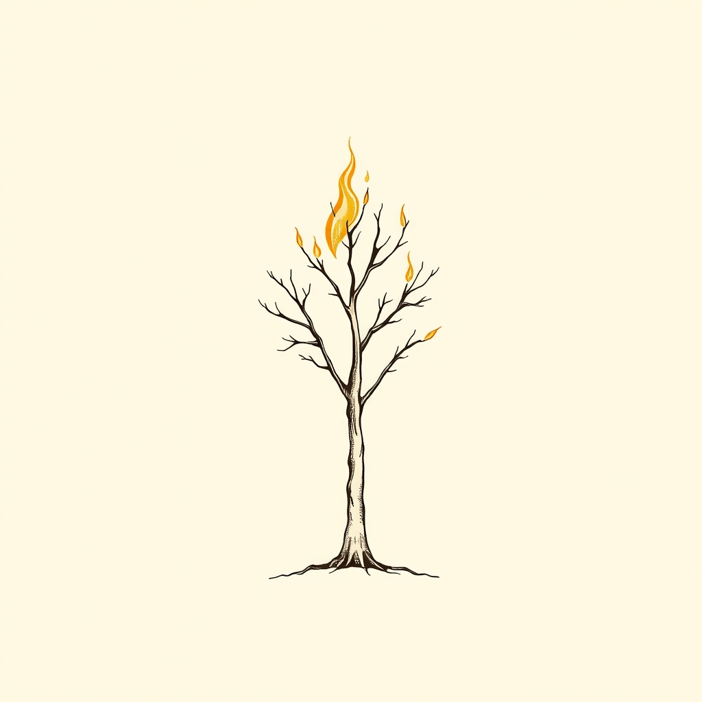 three flaming tree trunks