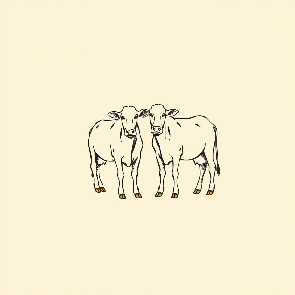 two cows at his feet