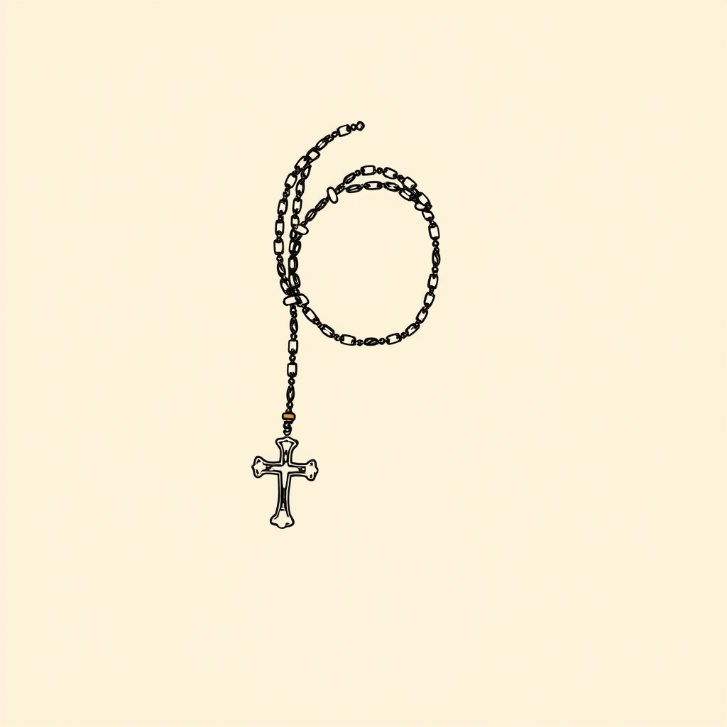dos rosarios (uno al cuello, uno en la mano)