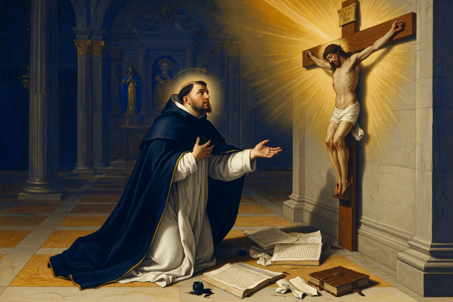 Saint Thomas d'Aquin priant devant le crucifix qui illumine ses ecrits