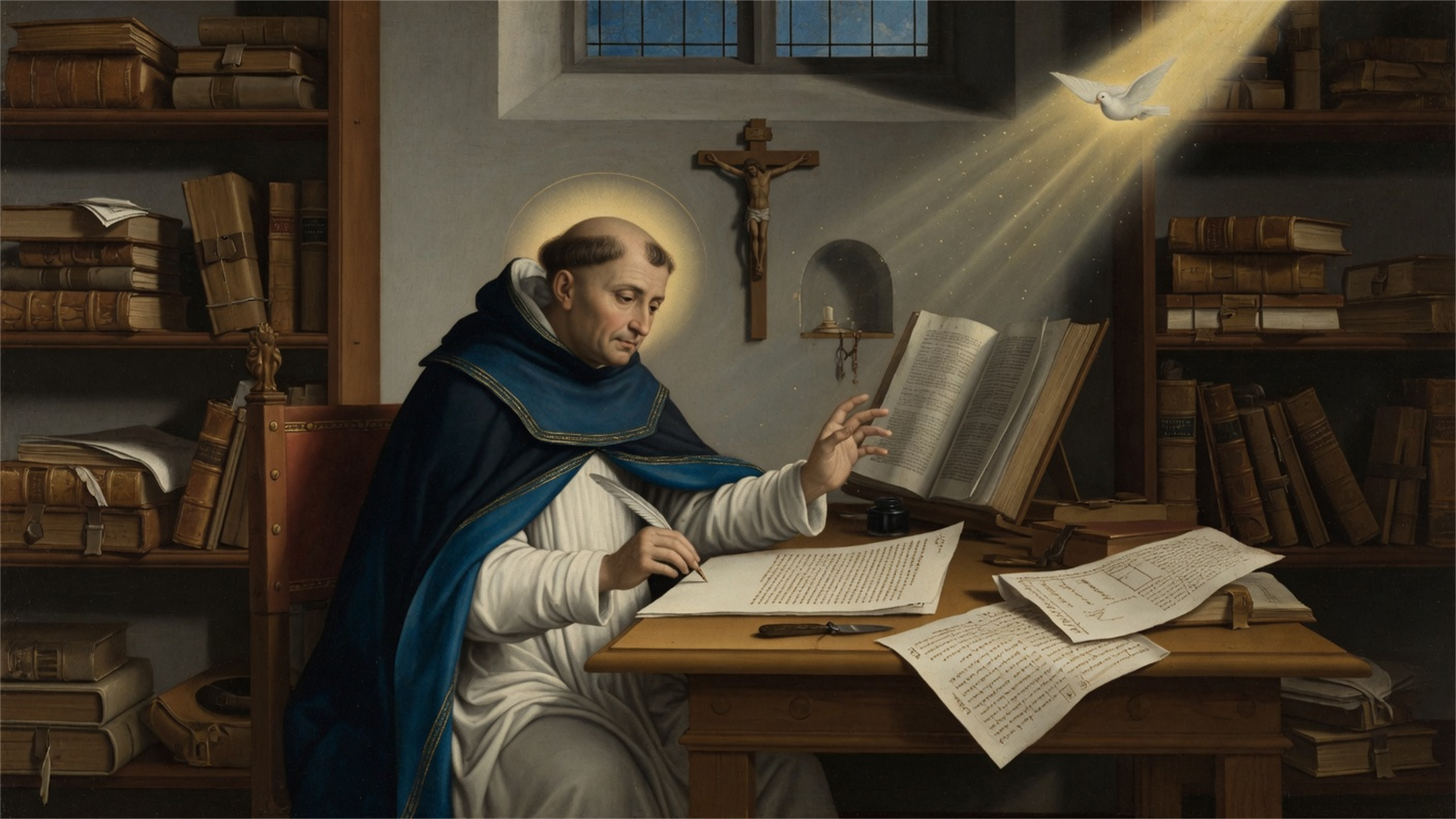 Saint Thomas d'Aquin composant la Somme theologique parmi les livres